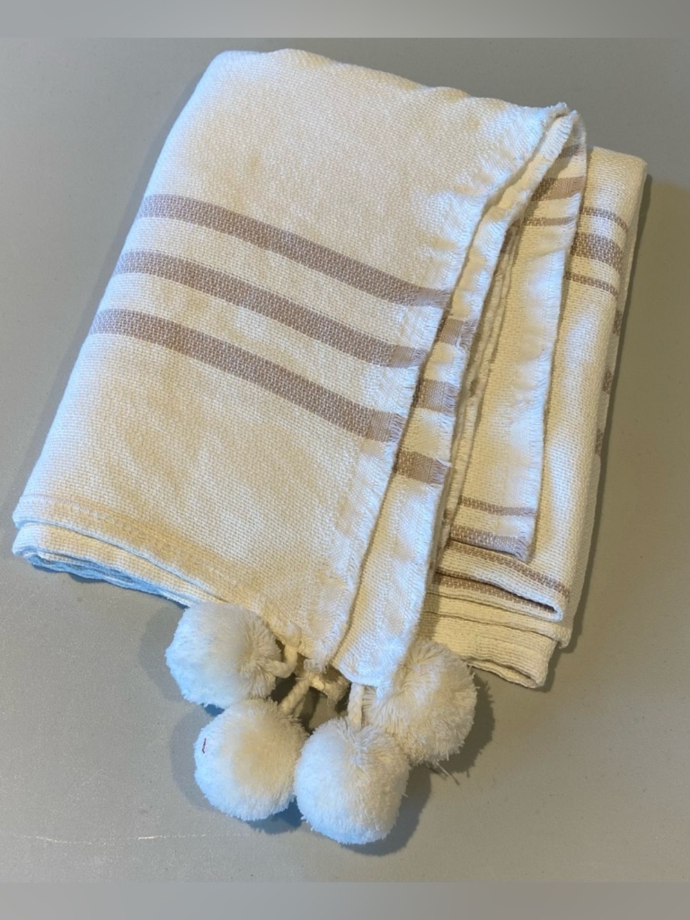 Imani Collective Artisan Made 100% Cotton Throw with Pompoms, Cream and Taupe
